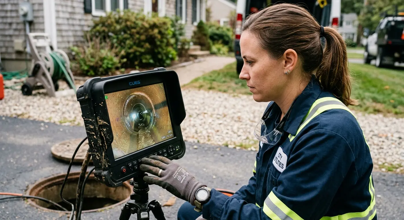 Technician reviewing sewer camera inspection footage in Vadnais Heights
