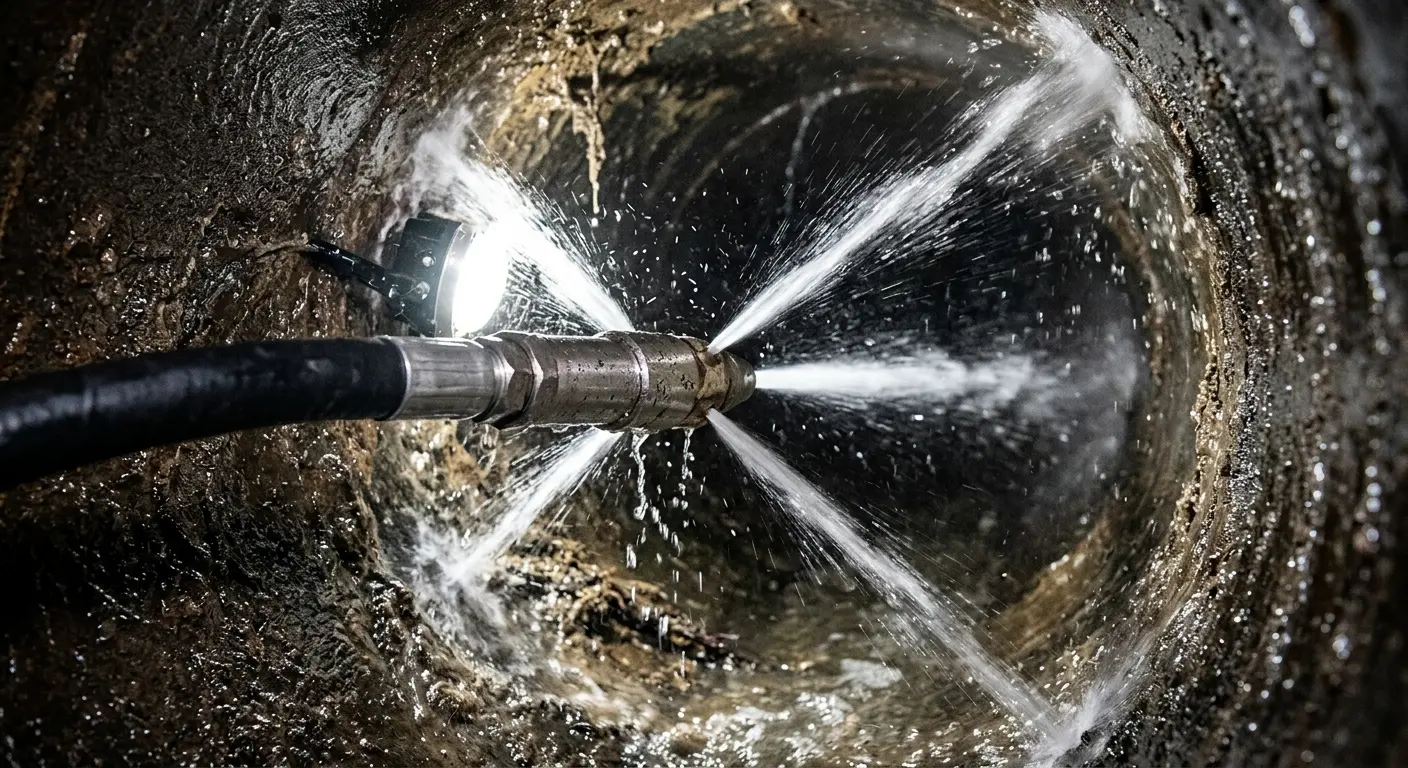 High-pressure hydro jetting nozzle cleaning sewer pipe for Trenchless Sewer Repair in Vadnais Heights