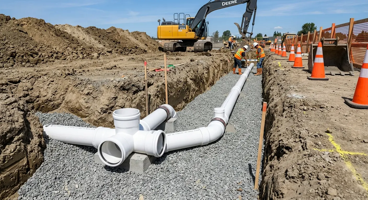 New PVC sewer pipe installation in open trench for Sewer Backup in Vadnais Heights